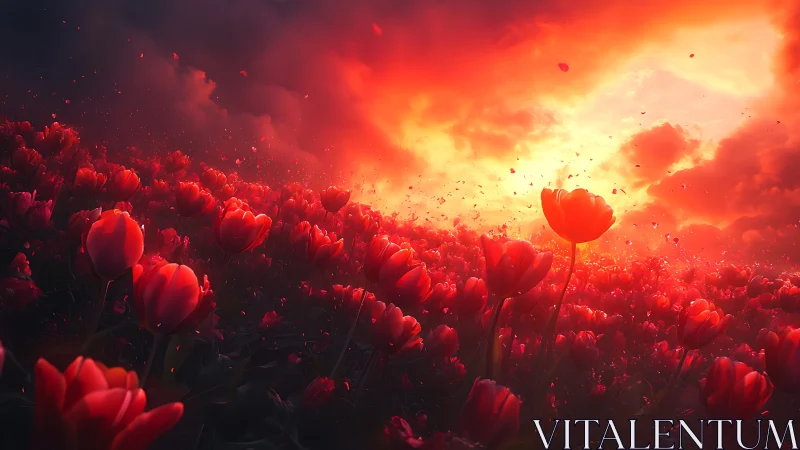 Luminous red tulip field composition with warm atmospheric lighting