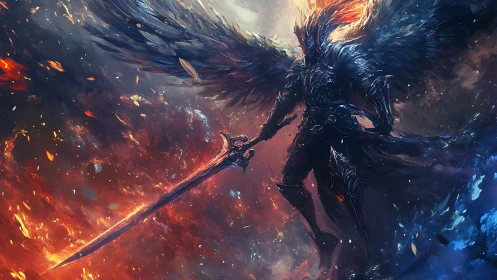 Fierce winged warrior strides between fire and storming ice