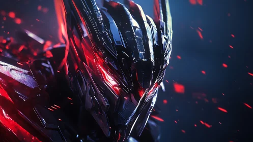 Crimson-lit cybernetic warrior stares ahead in burning shards