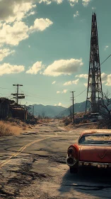Rusting car on cracked road in quiet postapocalyptic town.