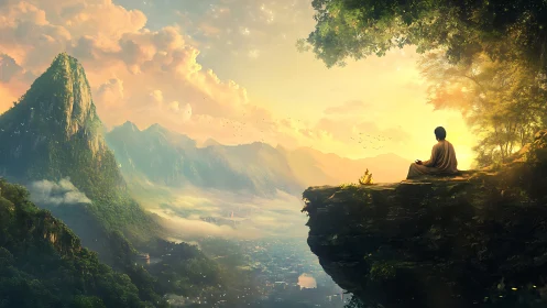 Monk meditates on cliff above misty valley at sunrise