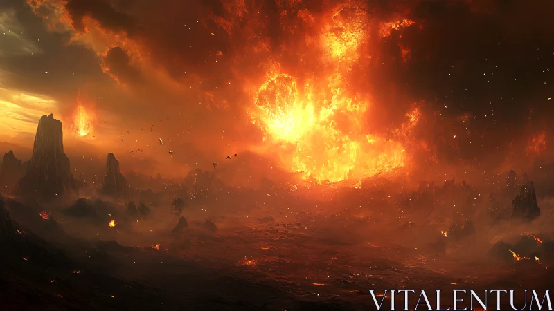 Apocalyptic explosion erupts across desolate alien terrain.
