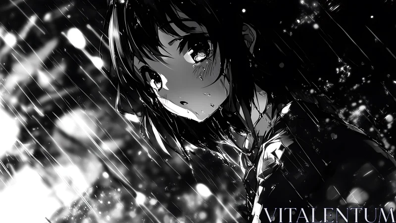 Monochrome anime figure in heavy rain with light streaks.
