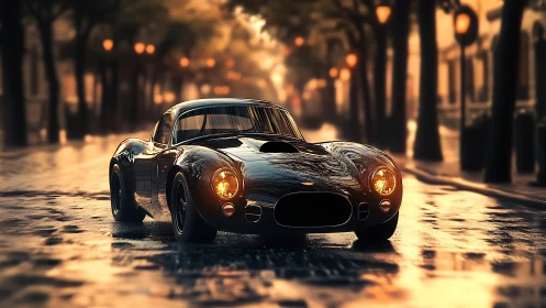 Classic coupe rendered on wet city street at dusk