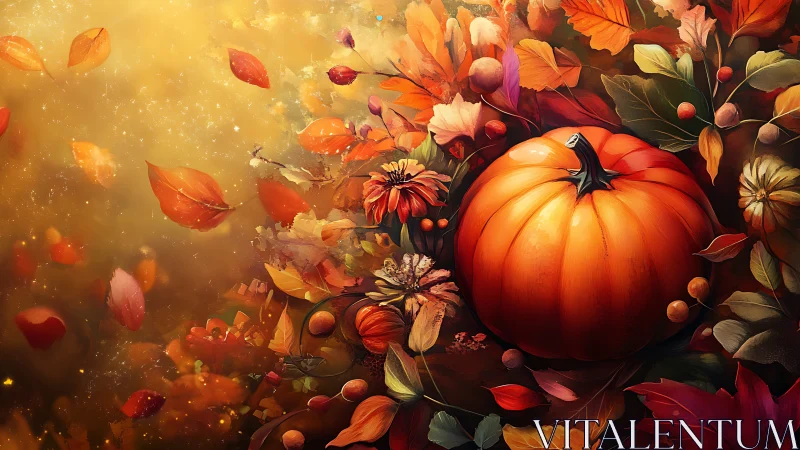 Pumpkin sits among autumn leaves and flowers in warm light