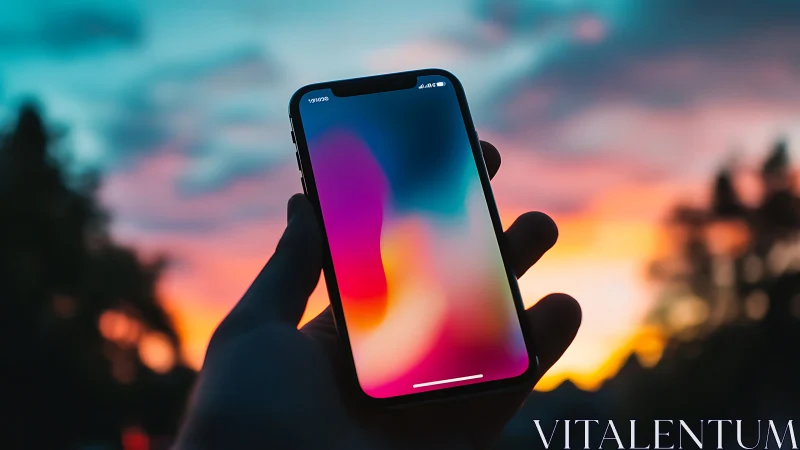 Hand displaying smartphone with vibrant gradient display against sunset backdrop