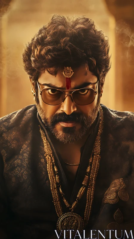 Regal cinematic portrait with warm chiaroscuro lighting focus.