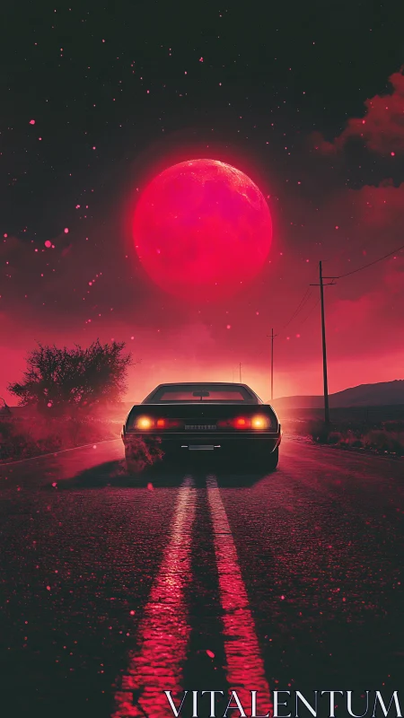 Retro sports car drives toward colossal neon red moon