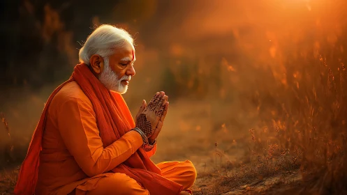 Sunlit sage in saffron prayer beneath a glowing horizon.