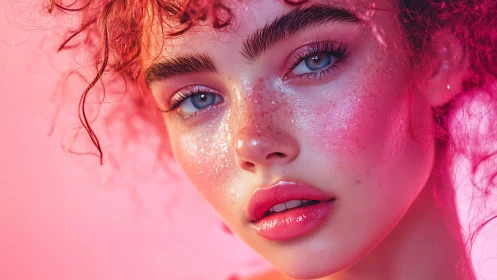 Iridescent freckled portrait in neon pink beauty lighting.