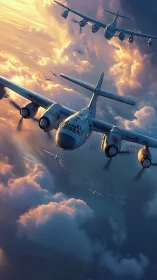 Multi-engine cargo aircraft formation at golden hour altitude