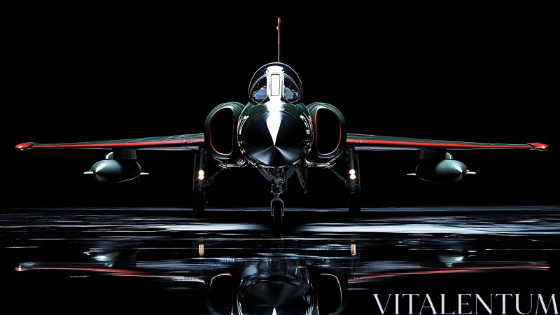 Midnight strike jet poised like a chrome-winged predator.