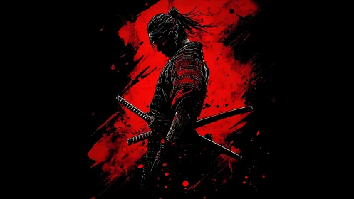 Solitary samurai silhouette over violent red splatter field.