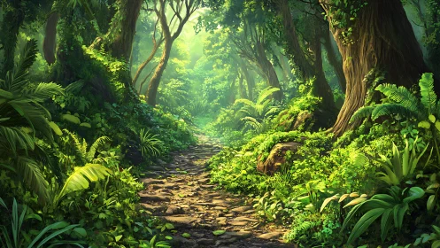 Luminescent forest path through dense arboreal canopy structure.