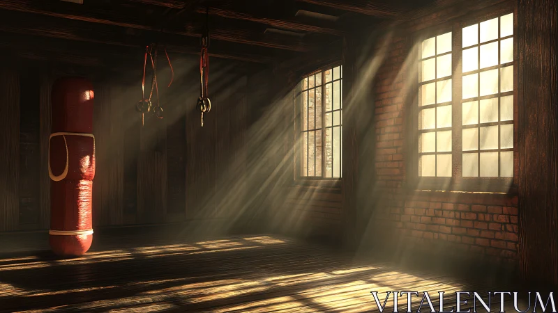 Industrial Boxing Gymnasium: Volumetric Light Through Grid Windows.