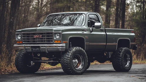 Lifted classic GMC truck stands bold on a quiet forest road