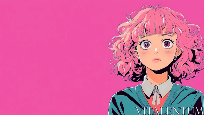 Curly pink haired anime girl on bold magenta backdrop.