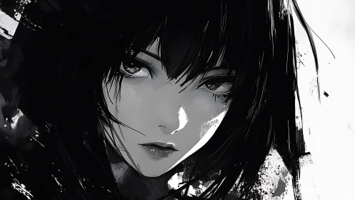 Monochrome anime portrait of girl with intense gaze.