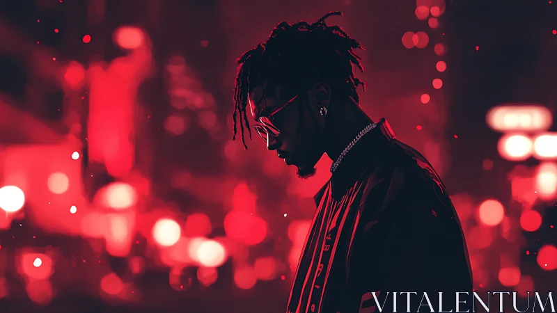 Neon-lit urban portrait isolates silhouetted figure in red bokeh field