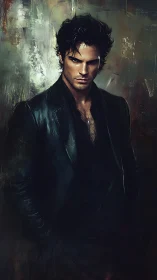 Male figure in dark clothing before abstract textured backdrop.