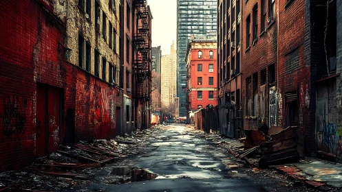Derelict urban alleyway with wet pavement and decayed facades
