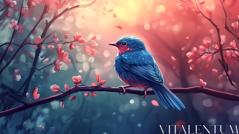 Vibrant blue bird on branch in dreamy digital art forest scene.