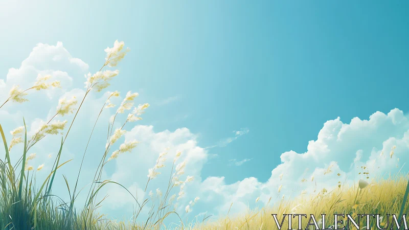 Serene Summer Meadow with Tall Grasses Under Blue Skies, Digital Art.