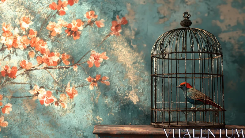 Caged songbird beside painted blossoms in quiet teal glow.