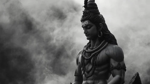 High-contrast monochrome statue of Shiva amid dense atmospheric fog