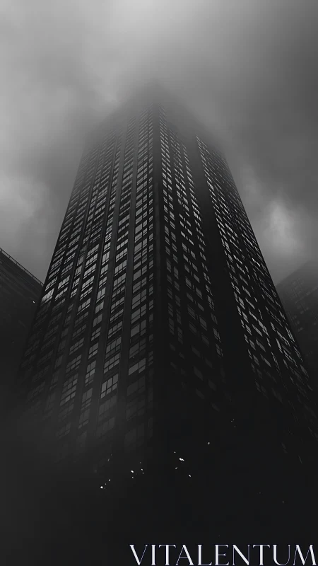 Midnight tower quietly dissolves into churning city fog