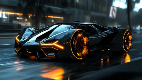 Futuristic black supercar with neon orange lighting on street.