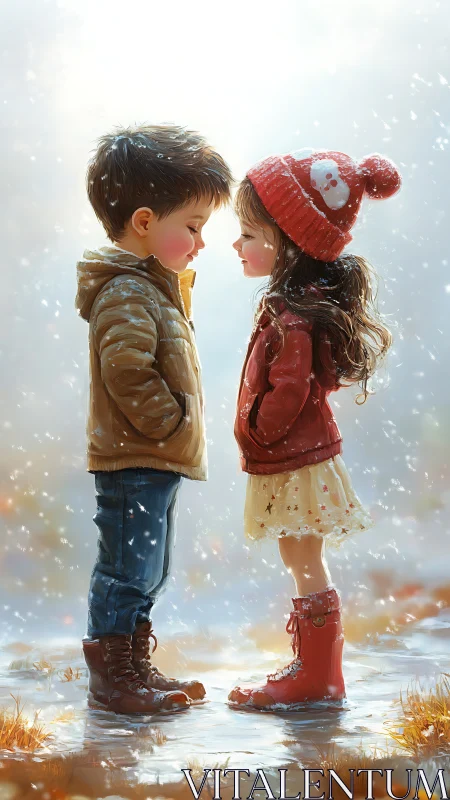 Two Children Share a Snowy Moment of Connection.