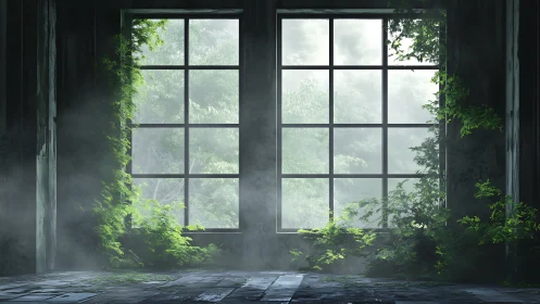Overgrown factory windows opening onto misty green forest.