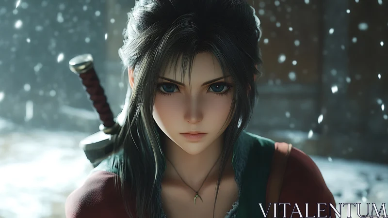 Focused female warrior with sword in a snowy environment.