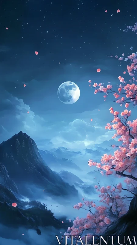 Moonlit petals drift above misty sapphire mountain hush.