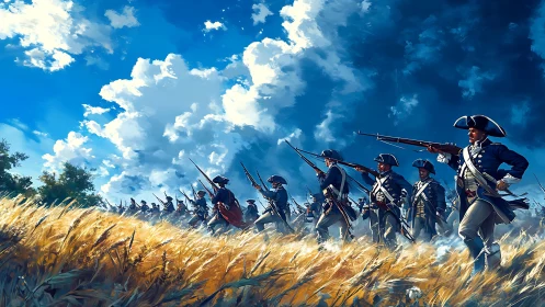 Continental infantry advance through wind‑shorn wheatfield under stormfront.
