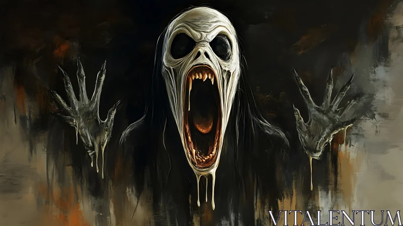 Screaming skeletal specter melts from dark abstract void