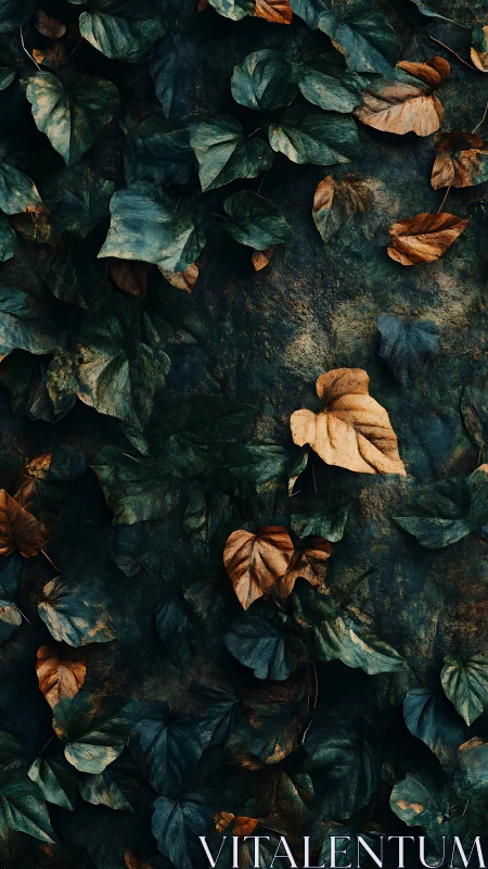 Textured autumn foliage pattern with high-contrast teal and ochre leaves