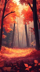 Digital forest with intense orange and red autumn foliage illuminated by glowing light.