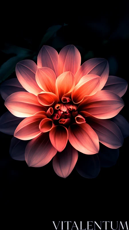 Radiant Dahlia Bloom with Luminous Gradient Petals Against Dark Background.