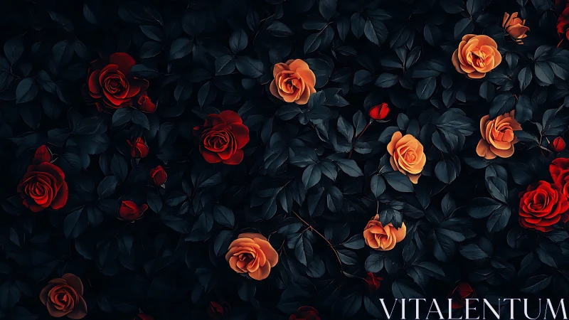 Dark Garden Roses: Red and Orange Blooms Against Black Foliage