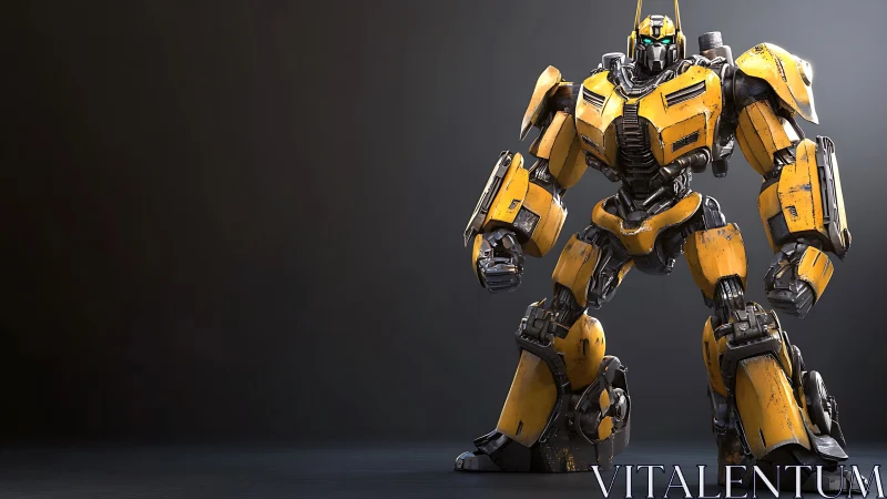 Yellow armored humanoid robot in neutral studio setting.