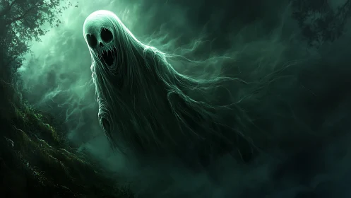 Haunting spectral wraith drifts through an eerie forest mist