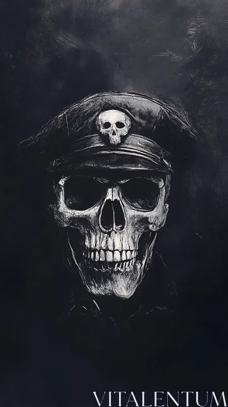 Skull officer portrait merges bone grimace with void.
