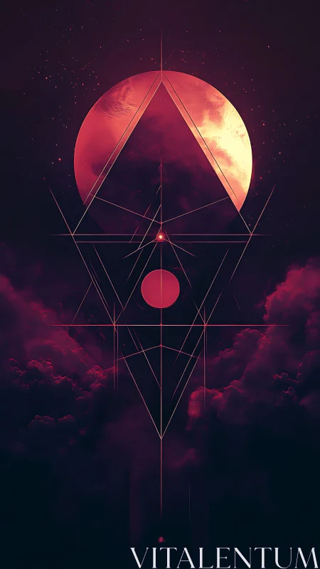 Geometric lines intersect circular forms against a red moon