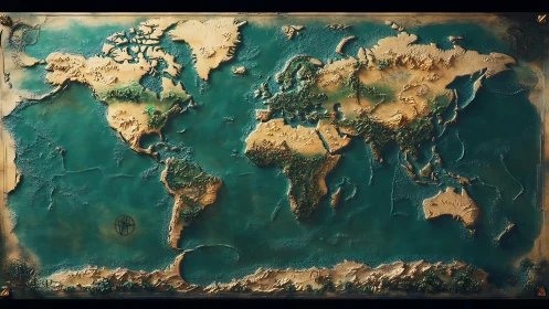 Tactile world atlas in sculpted teal seas and sandy gold lands.