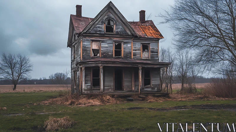 Weathered two story farmhouse with collapsed porch in rural field