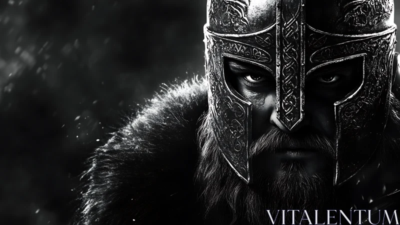 Brooding warrior in carved steel helm meets your steady gaze.