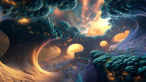 Surreal glowing cavern landscape with organic archways.