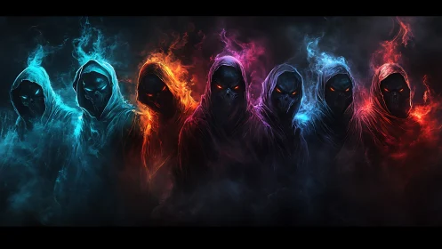Hooded spectral figures with elemental colored energy glow.